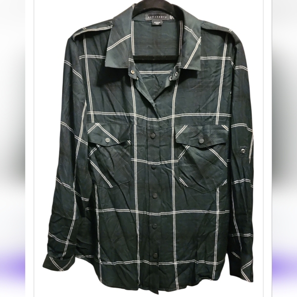 Sanctuary Plaid Boyfriend Shirt Dark Green With White Stripes Button Up Size Med - Picture 3 of 6